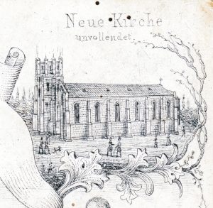 Ausschnitt aus einer Lithographie von Joseph Wilhelmi mit der unvollendeten „Neuen Kirche“
